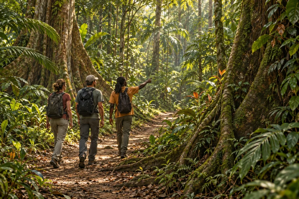 Illustration de trois randonneurs découvrant la forêt avec un accompagnateur.
